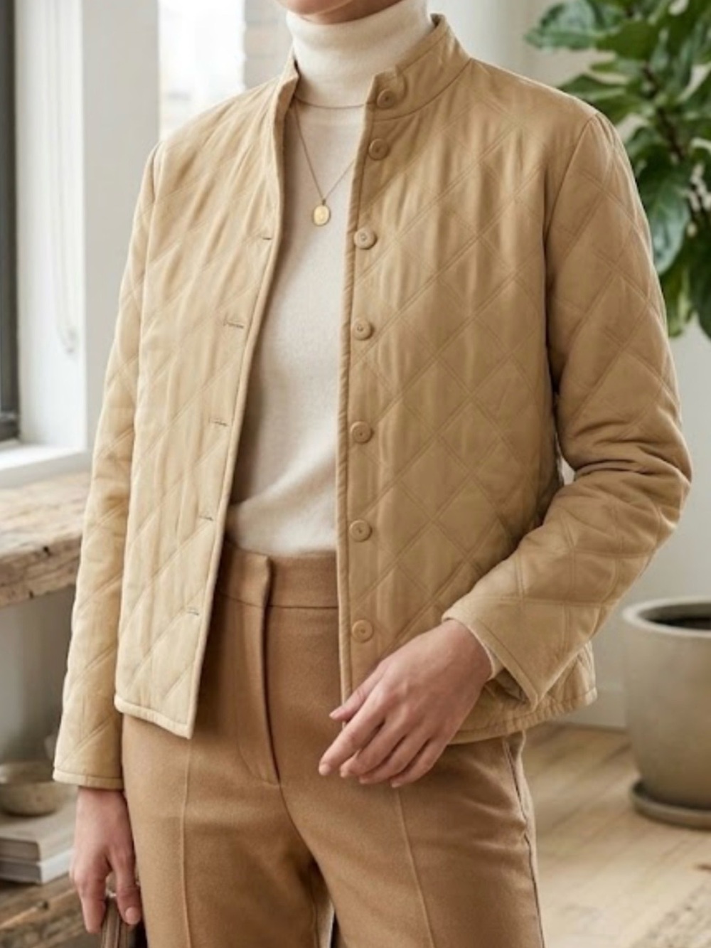 RAFAEL 100% Silk Quilted Jacket Button Up Tan Beige Mandarin Collar Size M